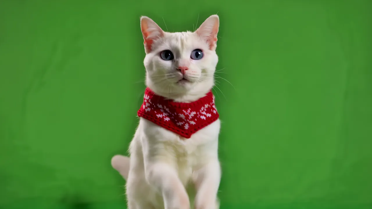 Adorable White Cat with Big Round Eyes on Green Screen