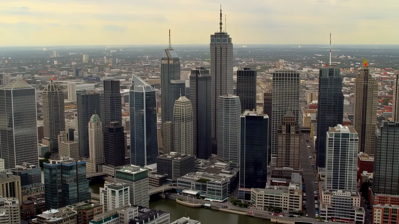 Aerial View of Chicago Loop Skyscrapers Around the River