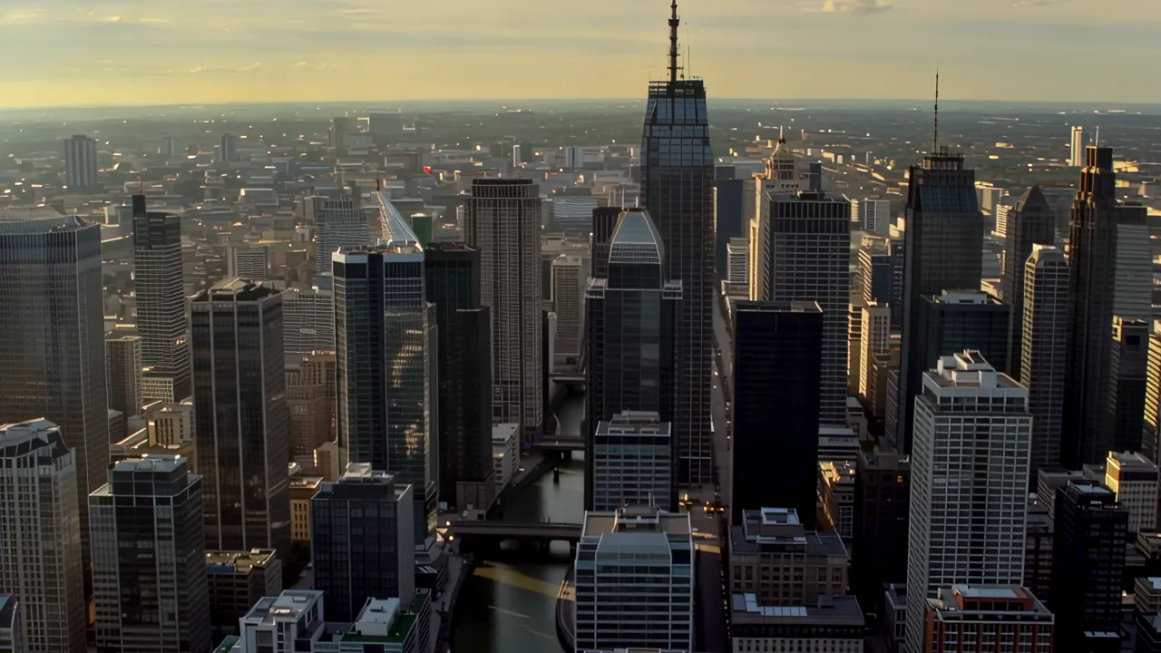 Aerial View of Chicago Loop Skyscrapers Surrounding River