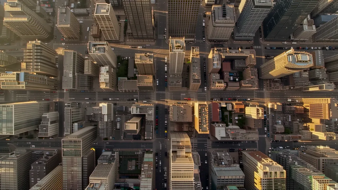 Aerial View of City Streets and Buildings