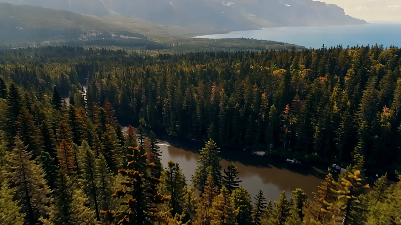Aerial View of Dense Forest and Mountain Landscape