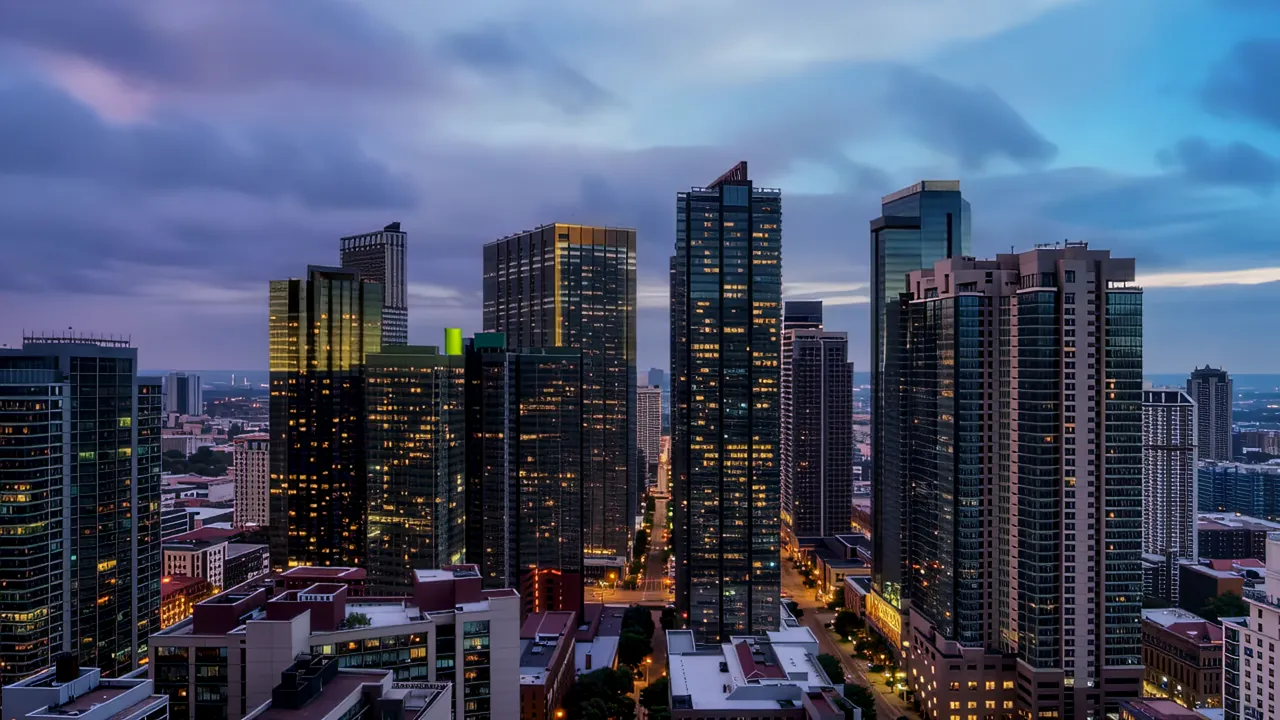 Aerial View of Downtown Cityscape at Dusk