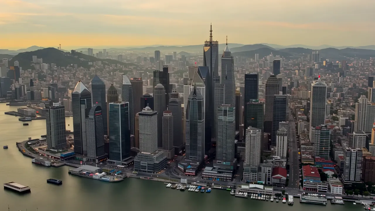 Aerial View of Hong Kong's Skyscrapers and Harbor