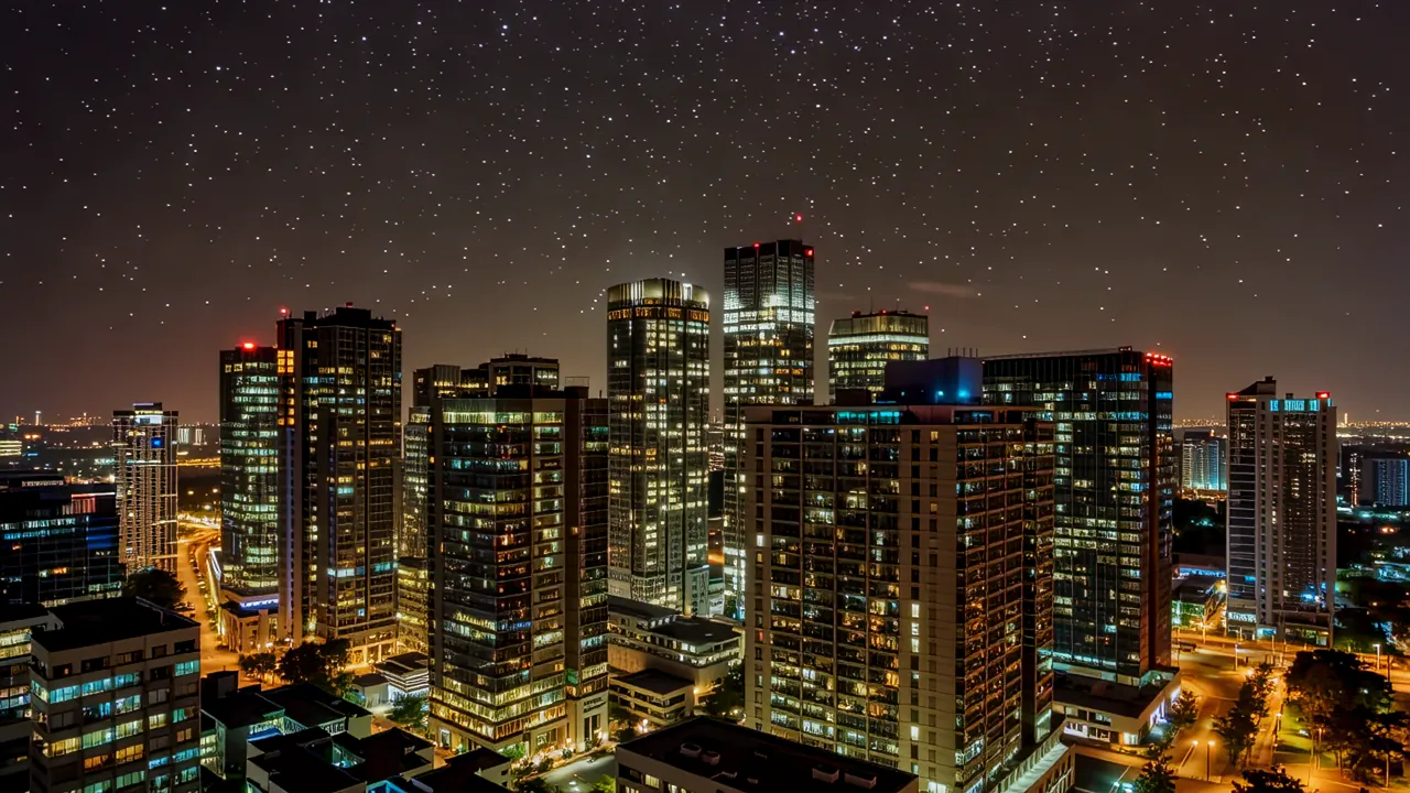 Aerial View of Modern City High-Rise Buildings at Dusk