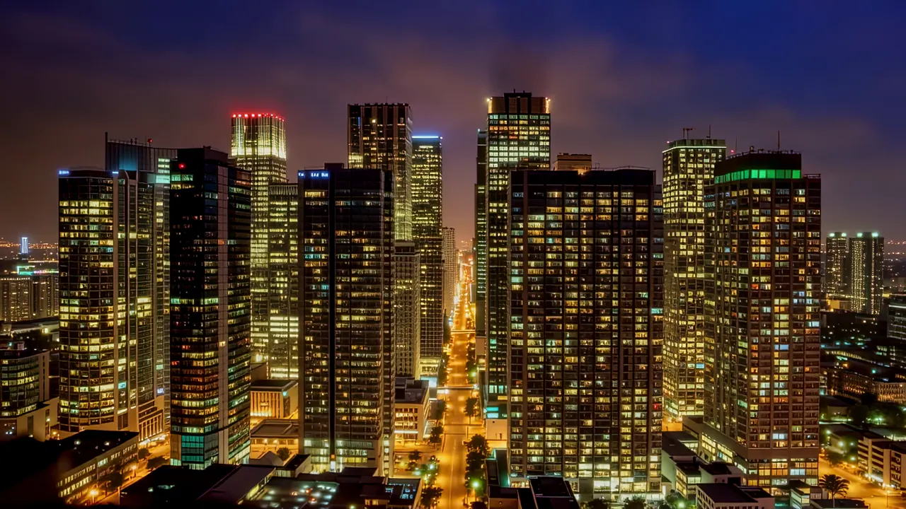 Aerial View of Modern City Skyline at Dusk