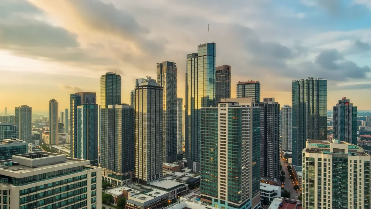 Aerial View of Modern City Skyline at Sunset