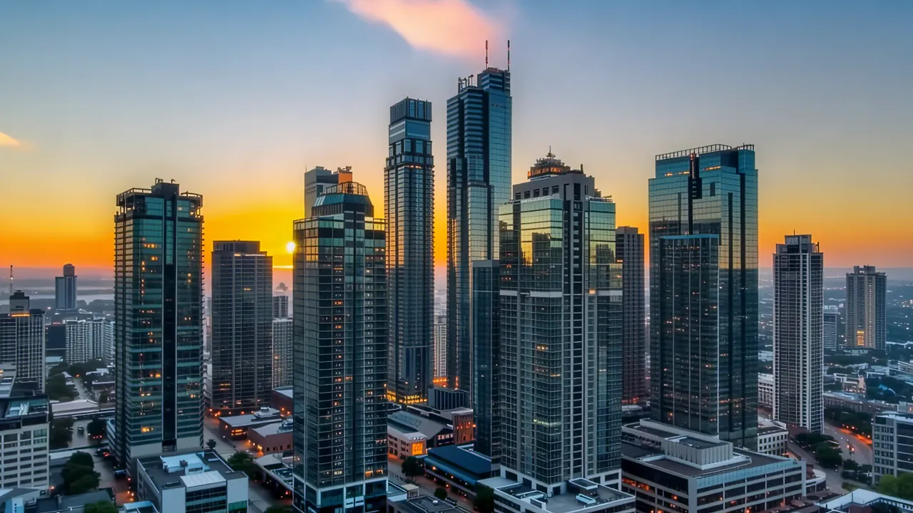 Aerial View of Modern High-Rise Buildings at Dusk