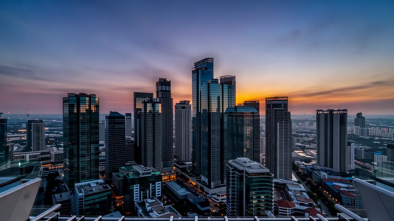 Aerial View of Modern High-Rise Buildings at Dusk