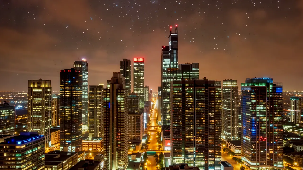Aerial View of Modern Urban Skyscrapers at Sunset