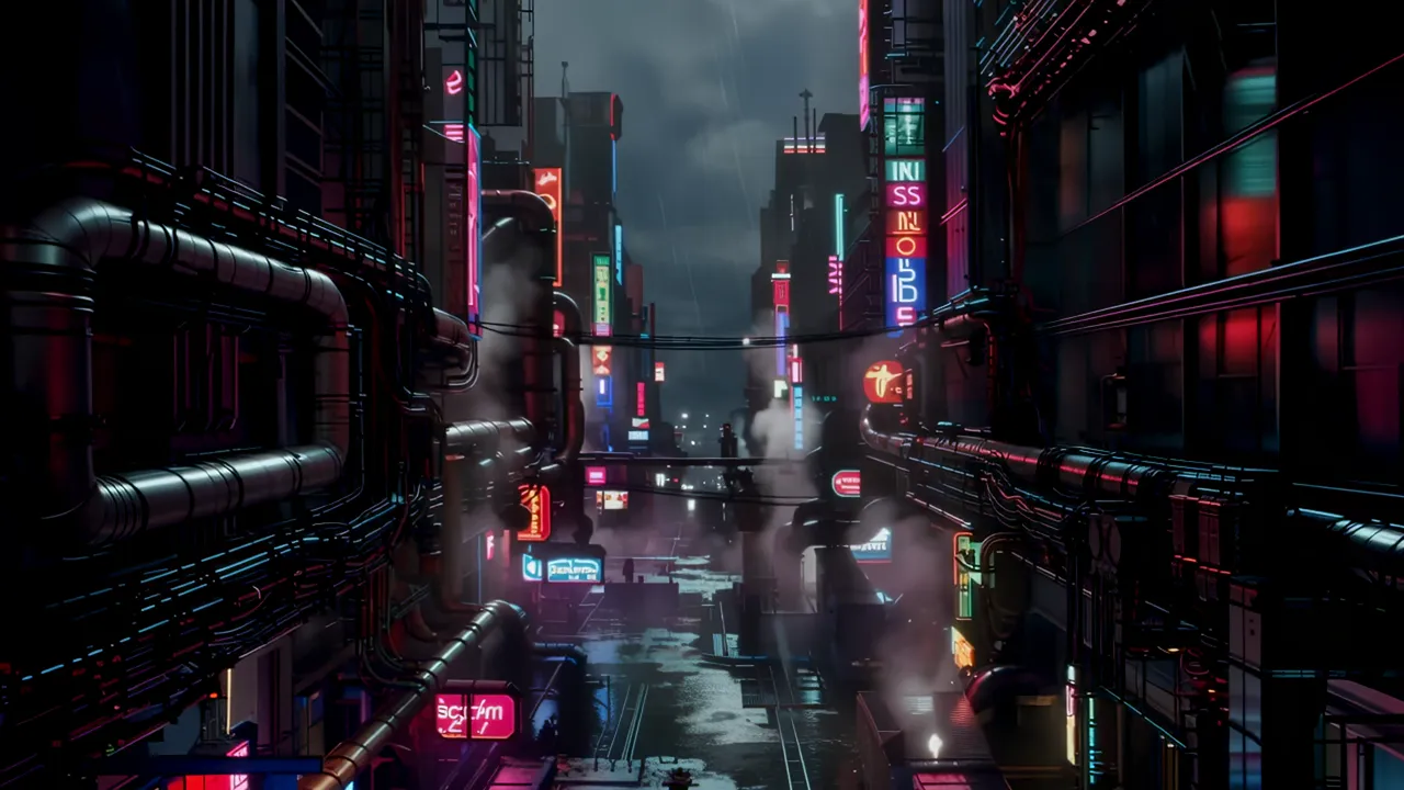 Aerial View of Neon-Lit Street Canyon at Night
