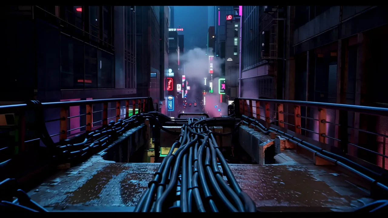 Aerial View of Neon-Lit Street Canyon at Night