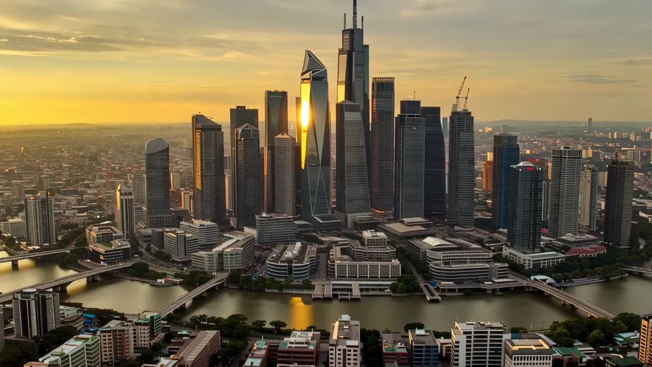Aerial View of Singapore CBD with Modern Glass Towers