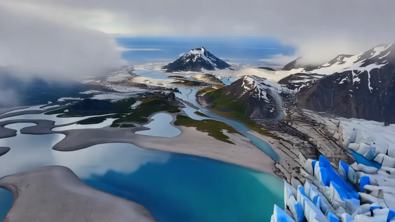 Aerial View of Snow-Covered Mountain Summit at Sunset