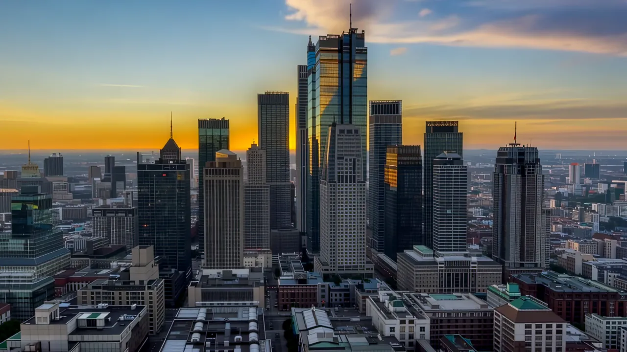 Aerial View of Urban Skyline During Sunset