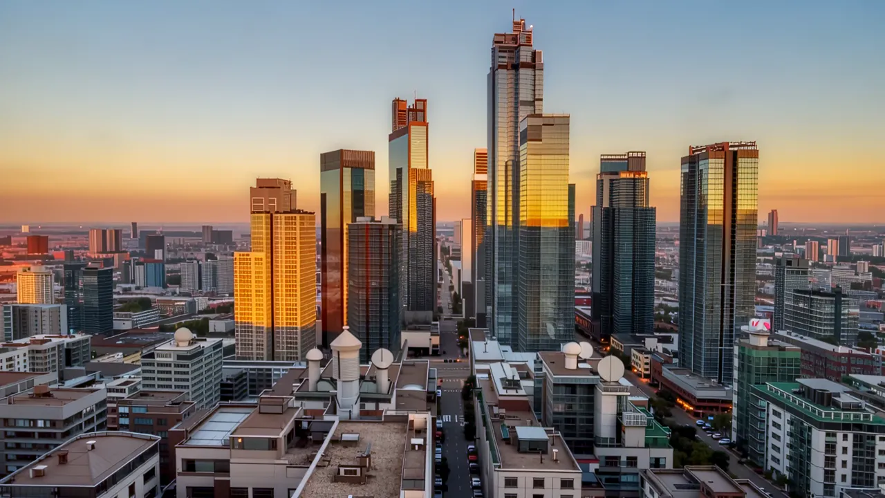 Aerial View of Urban Skyline with Towers and Rooftops