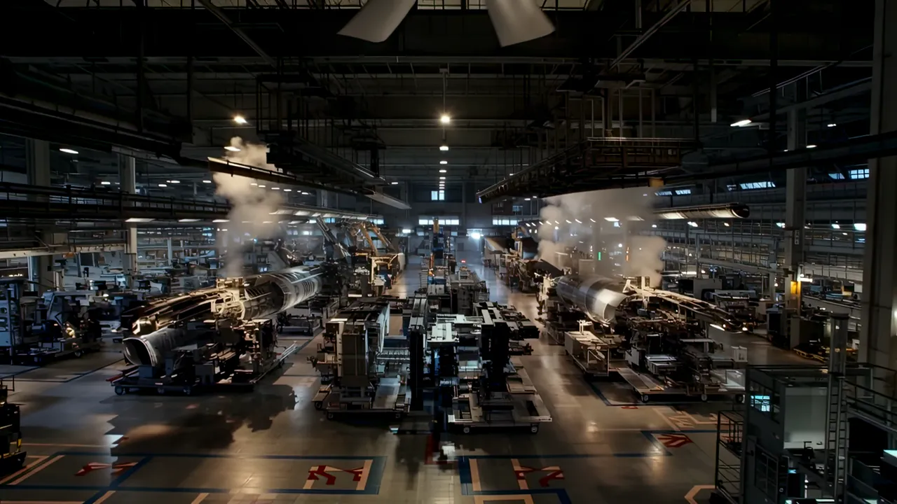Aerospace Manufacturing Facility Interior with Aircraft Components