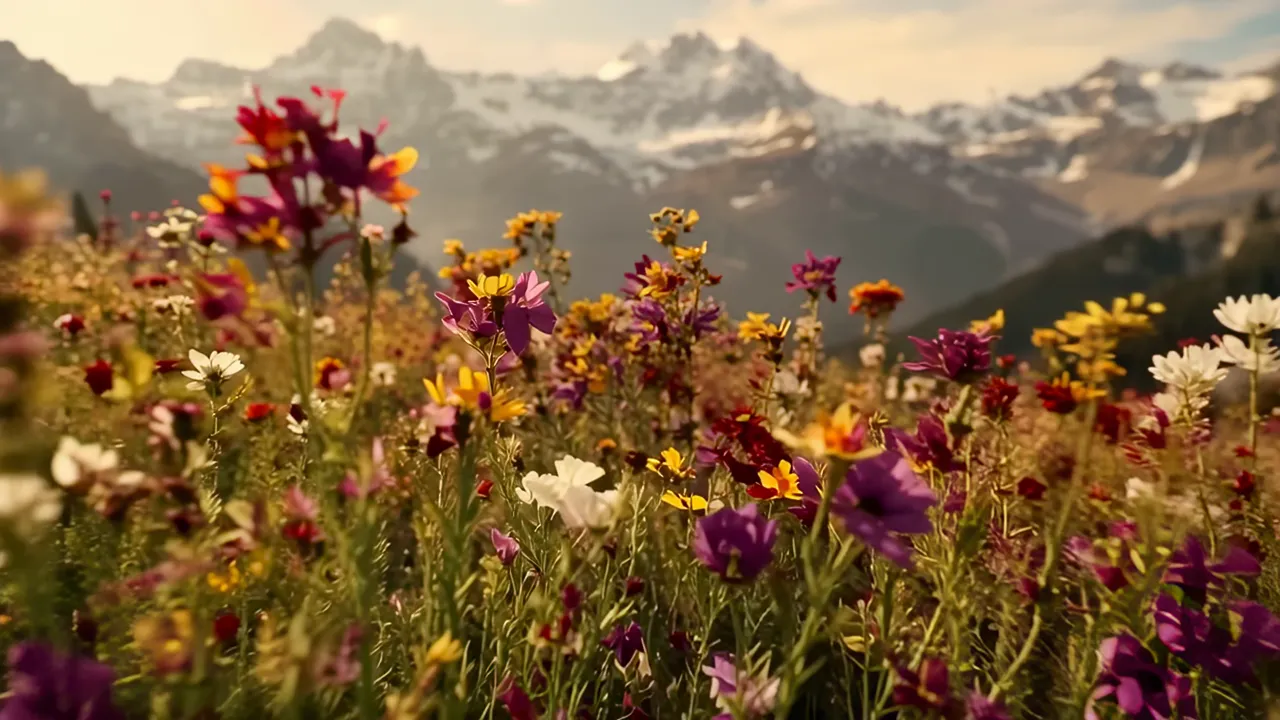 Alpine Meadow Blooming with Wildflowers and Mountain View