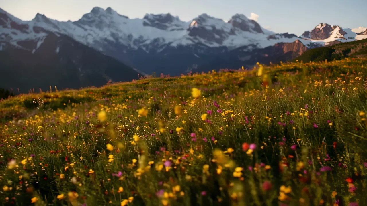 Alpine Meadow with Wildflowers and Mountain Backdrop