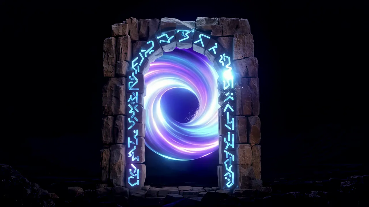 Ancient Stone Portal Activating with Glowing Runes