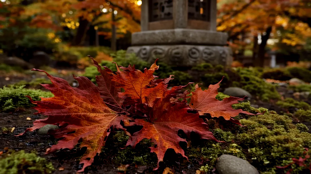 Autumn Colors in a Japanese Temple Garden with Maple Leaves