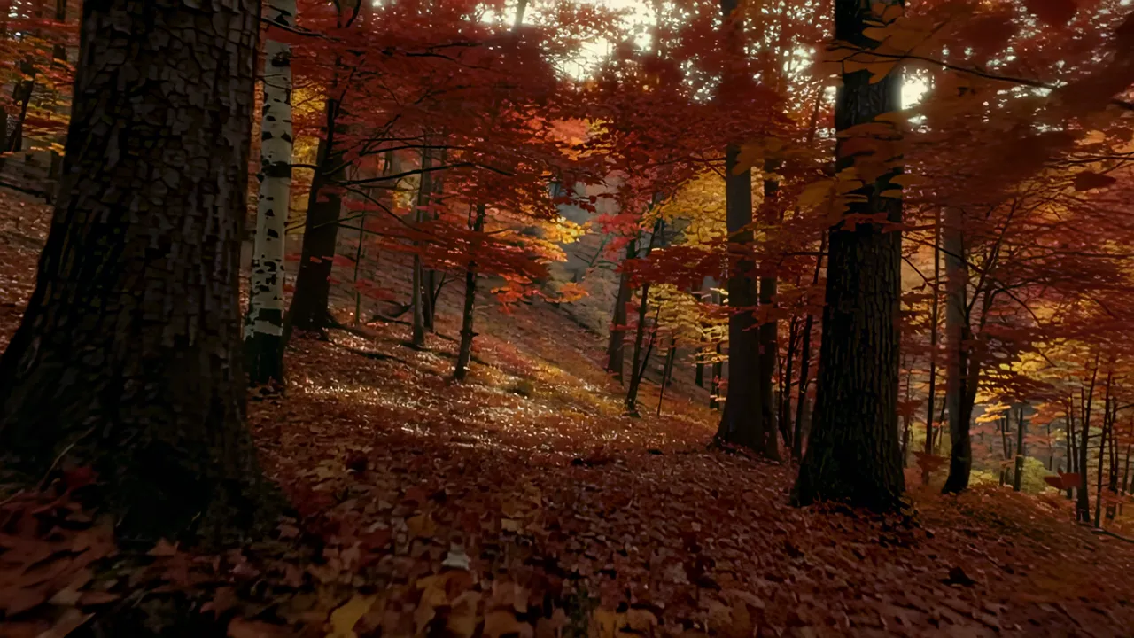 Autumn Forest with Vibrant Red, Orange, and Yellow Leaves