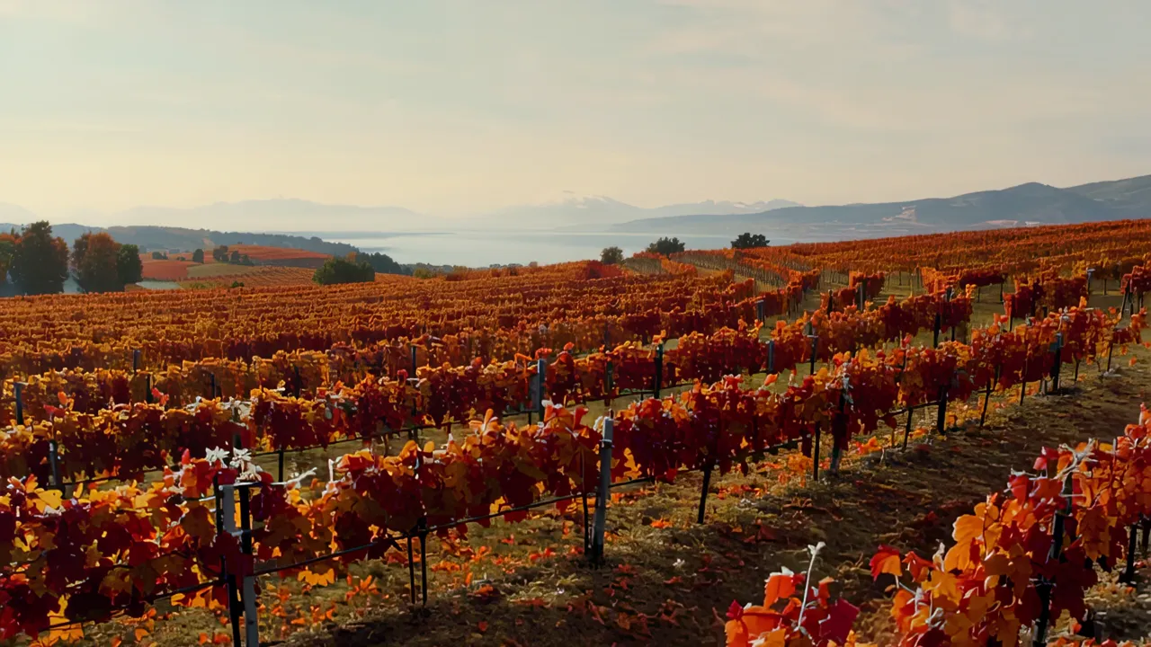 Autumn Vineyard with Colorful Leaves and Rolling Landscape