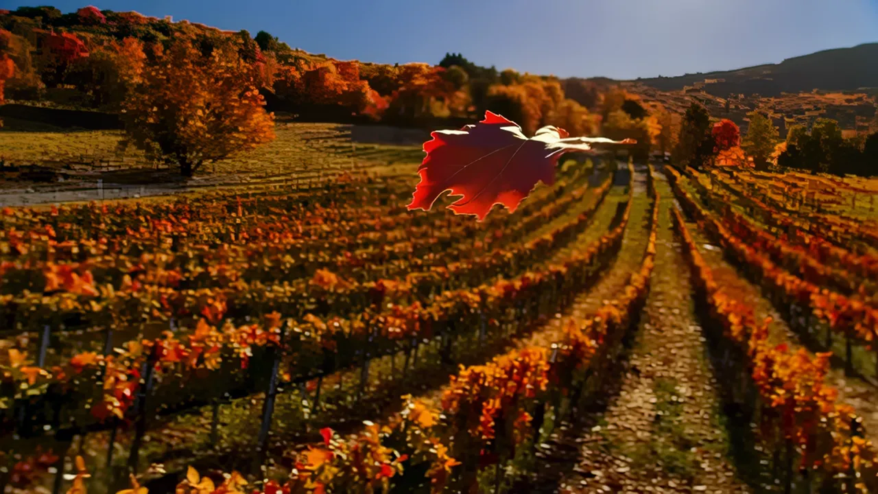 Autumn Vineyard with Red and Orange Leaves in Rolling Landscape