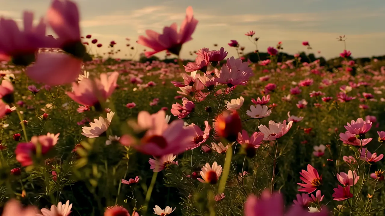 Beautiful Cosmos Flower Field in Golden Evening Light