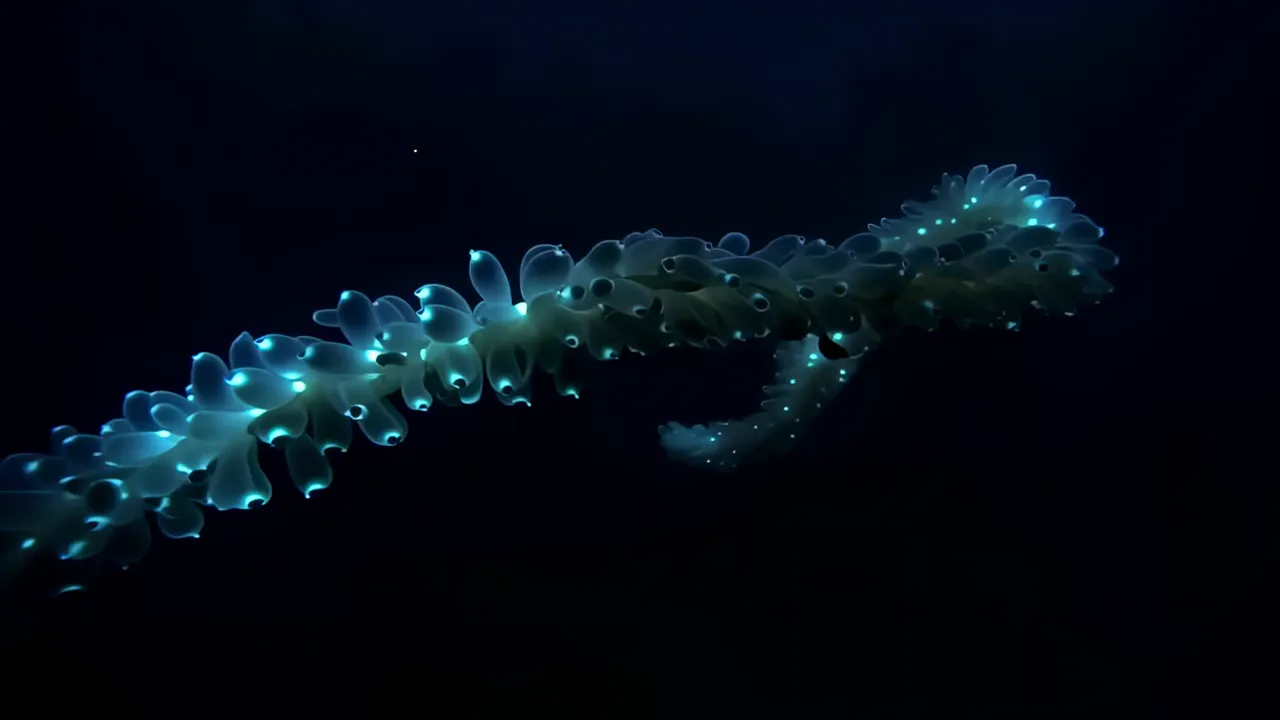 Bioluminescent Deep Sea Siphonophore Drifting in Darkness
