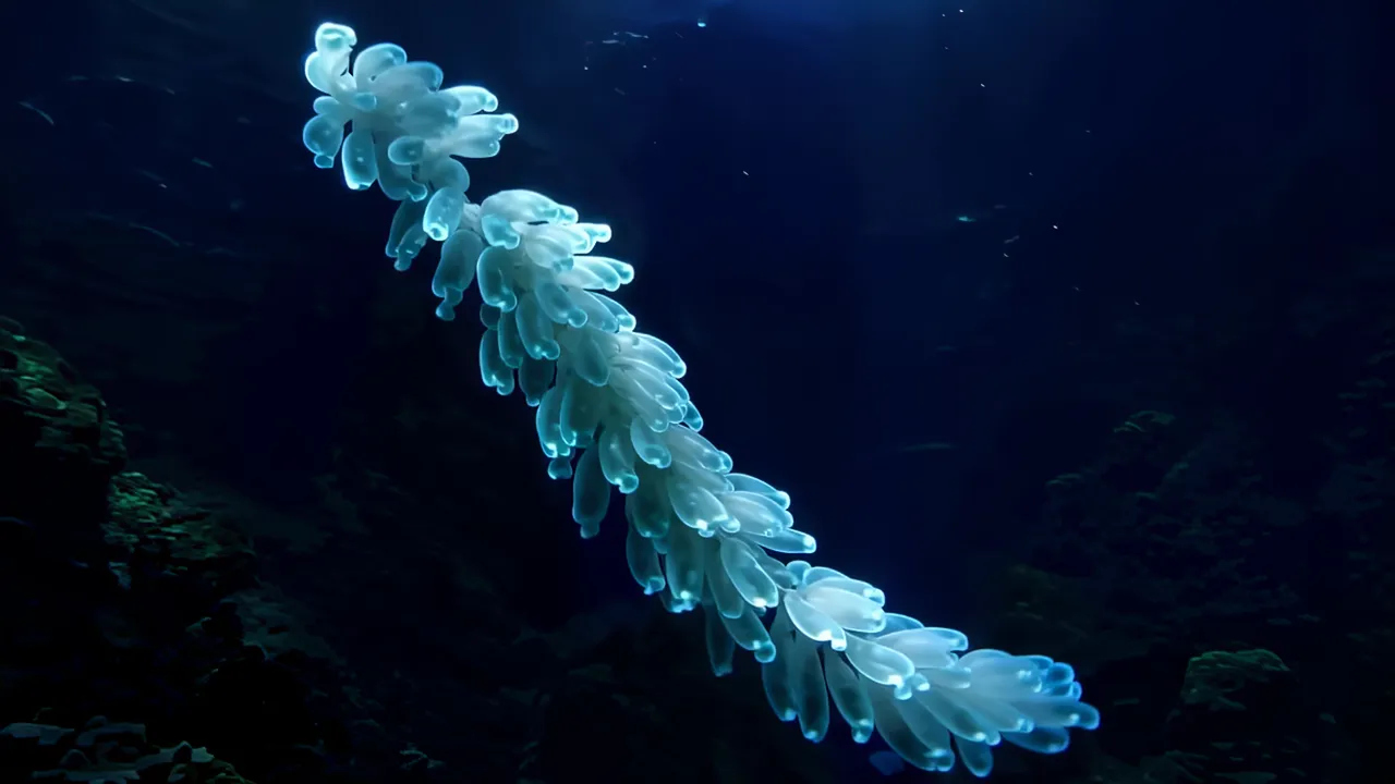 Bioluminescent Deep Sea Siphonophore Glowing in the Dark