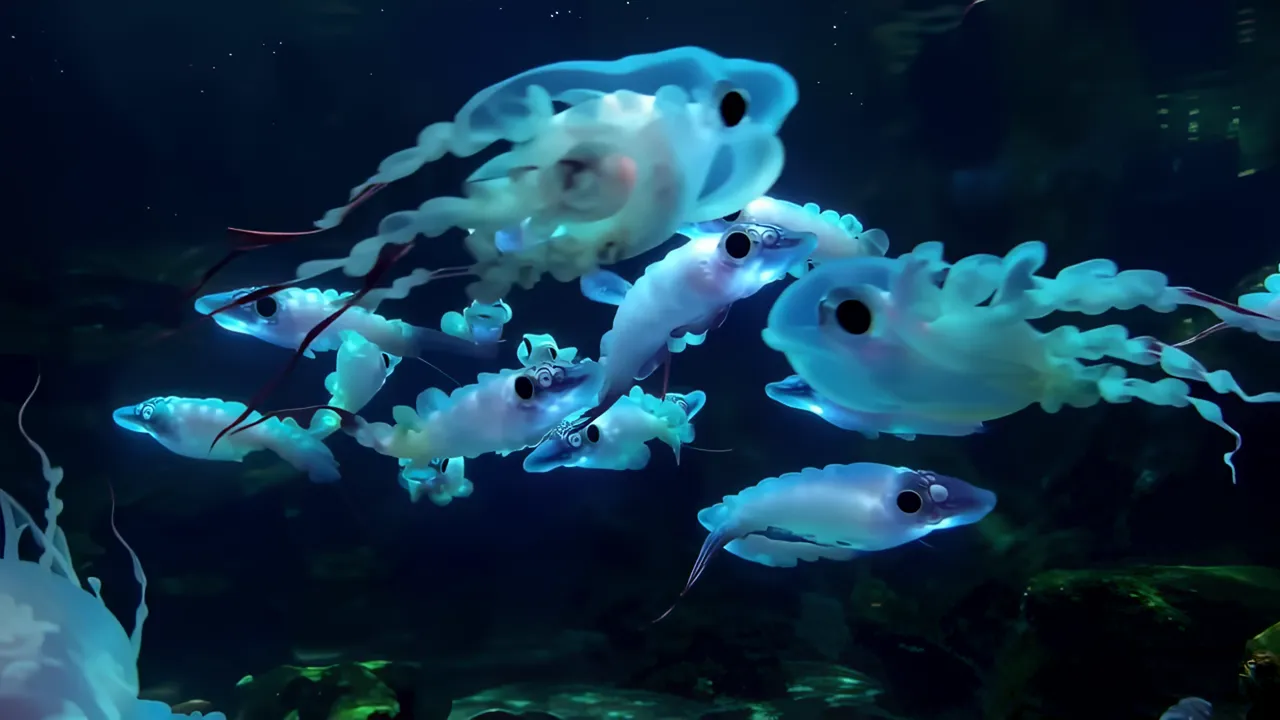 Bioluminescent Squid School in Dark Water