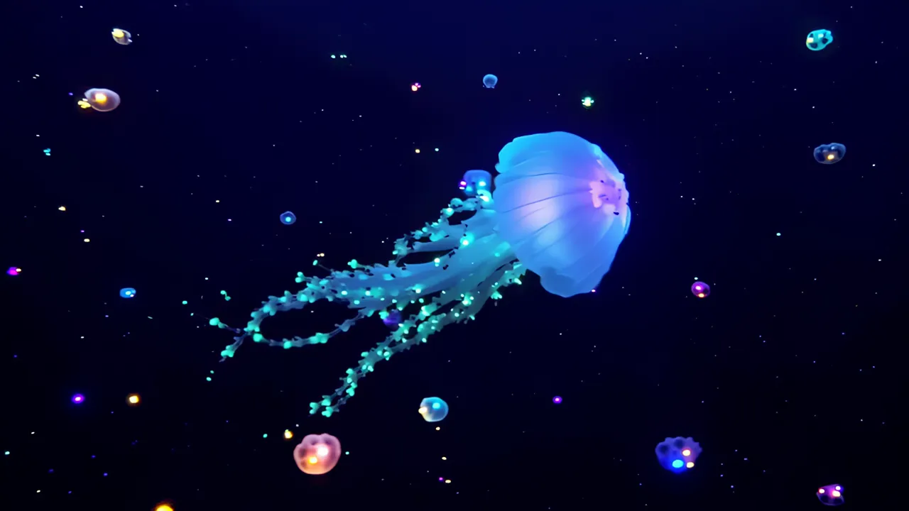 Bioluminescent Underwater Scene with Jellyfish and Organisms