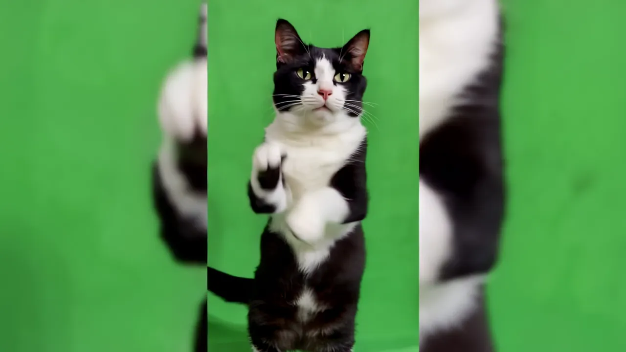 Black and White Tuxedo Cat Standing Upright on Hind Legs