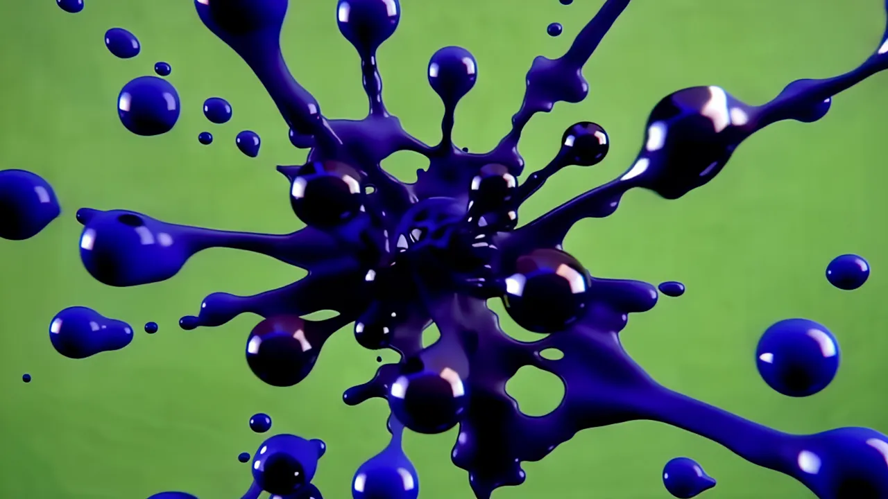 Black Ink Burst with Blue Droplets on Green Background