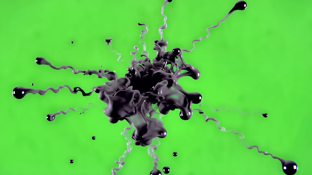 Black Ink Burst with Droplets on Green Background