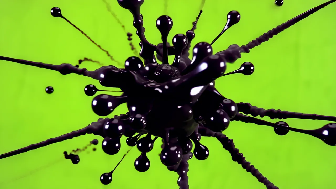 Black Ink Burst with Droplets on Green Background