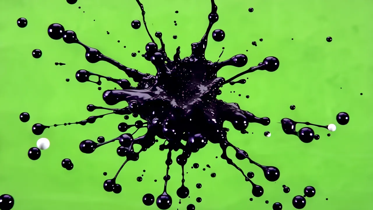 Black Ink Burst with Satellite Droplets on Green Background