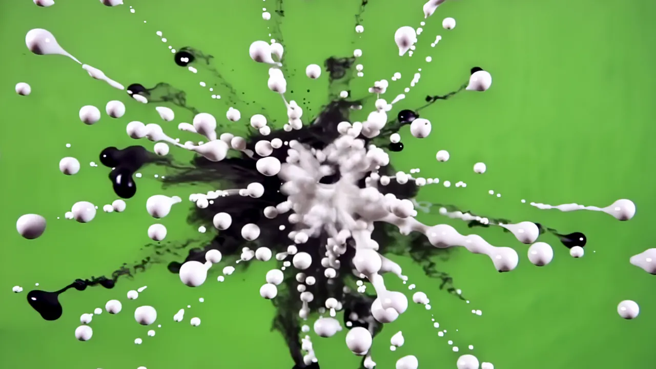 Black Ink Burst with Scattered Drops on Green Background