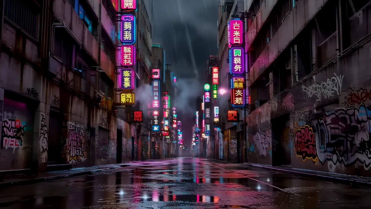 Bright Neon Signs in Rainy Alleyway Among High-Rise Buildings