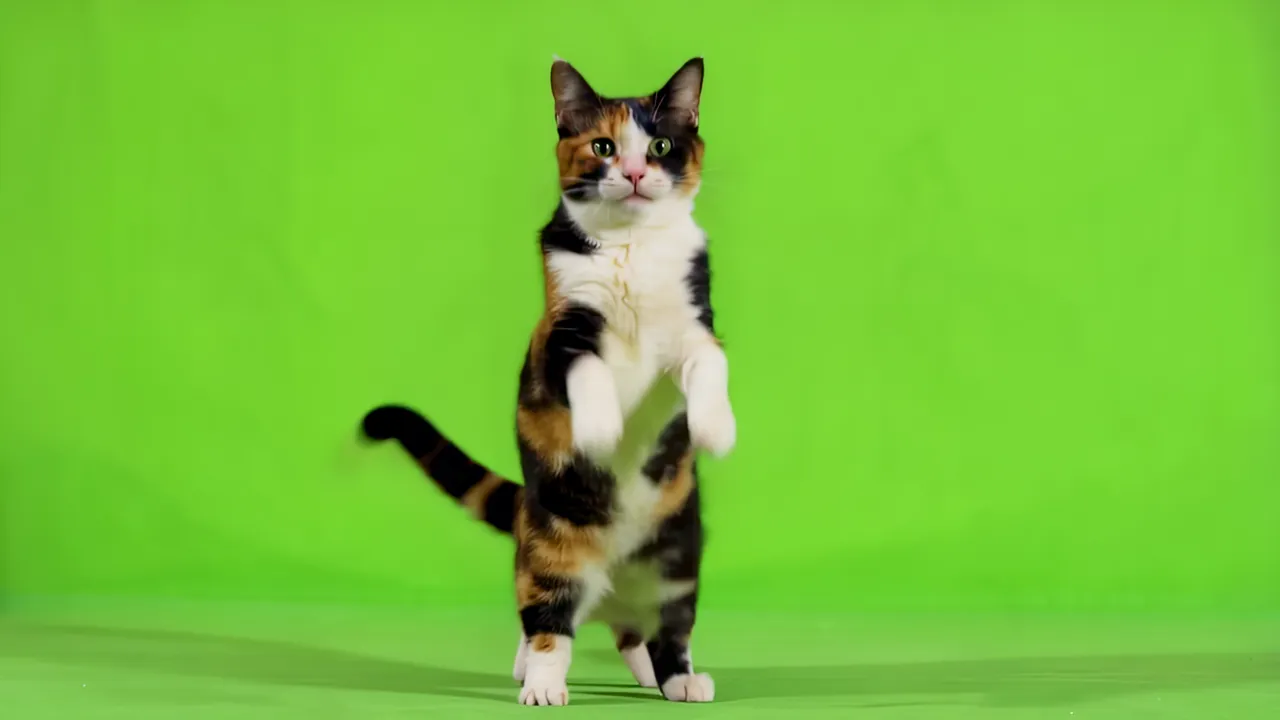Calico Cat Standing on Hind Legs Against Green Background