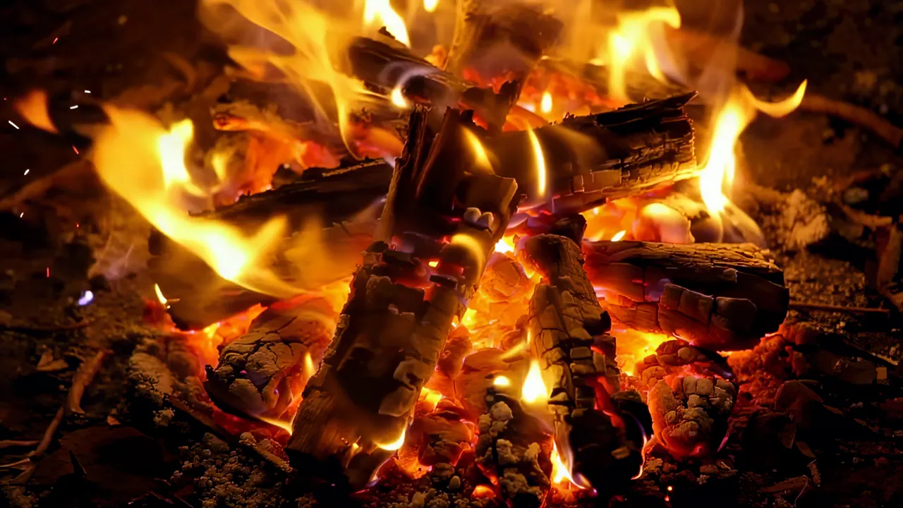 Campfire with Flickering Flames and Glowing Embers