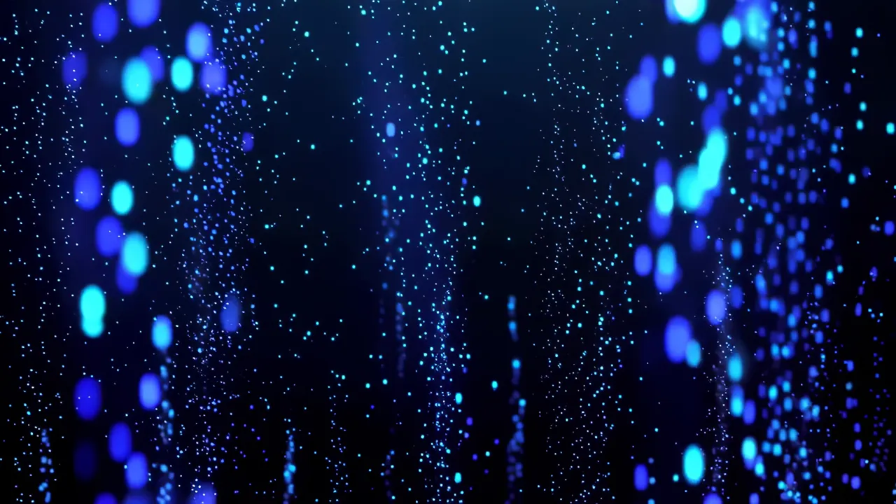 Cascading Blue Luminous Particles Falling in Dark Background
