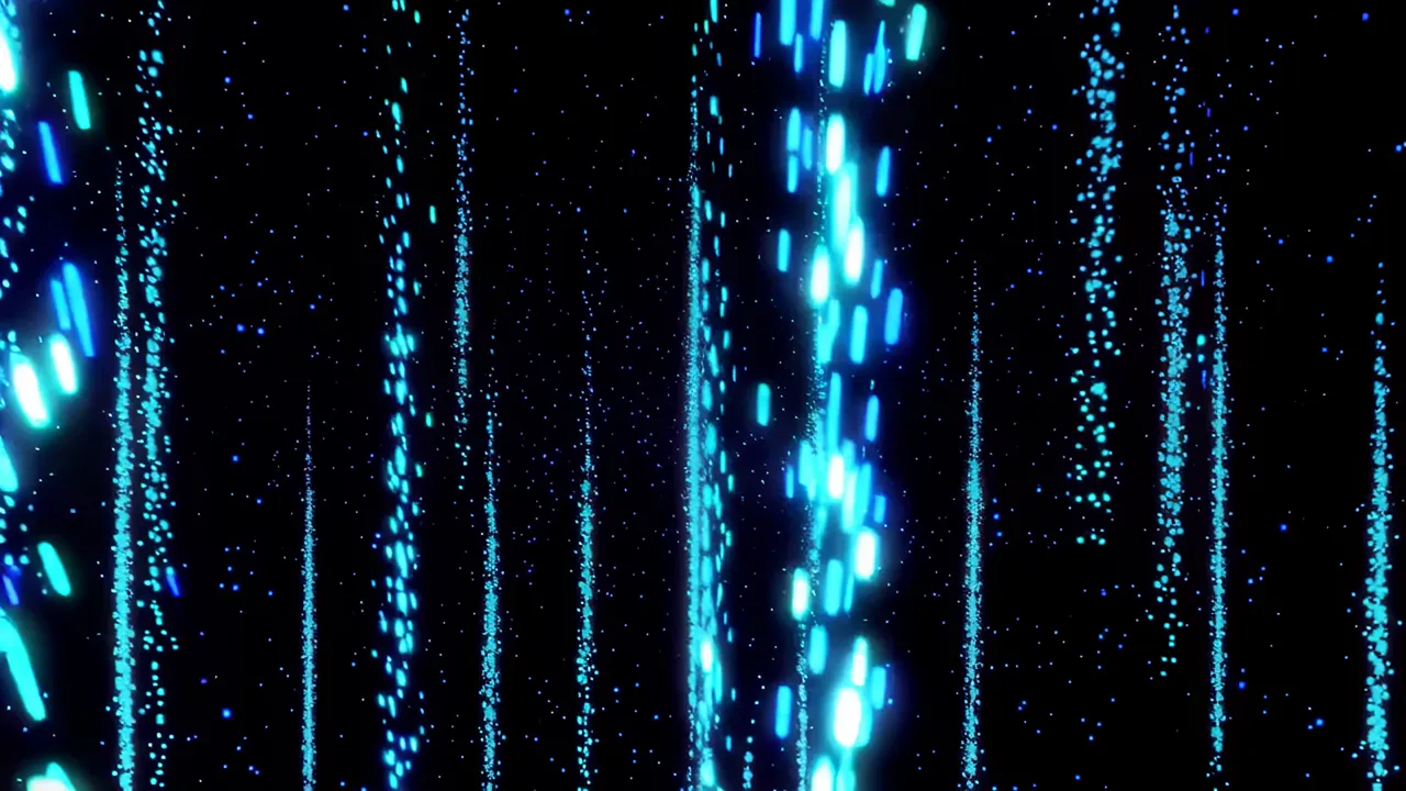 Cascading Blue Luminous Particles Falling Through Darkness