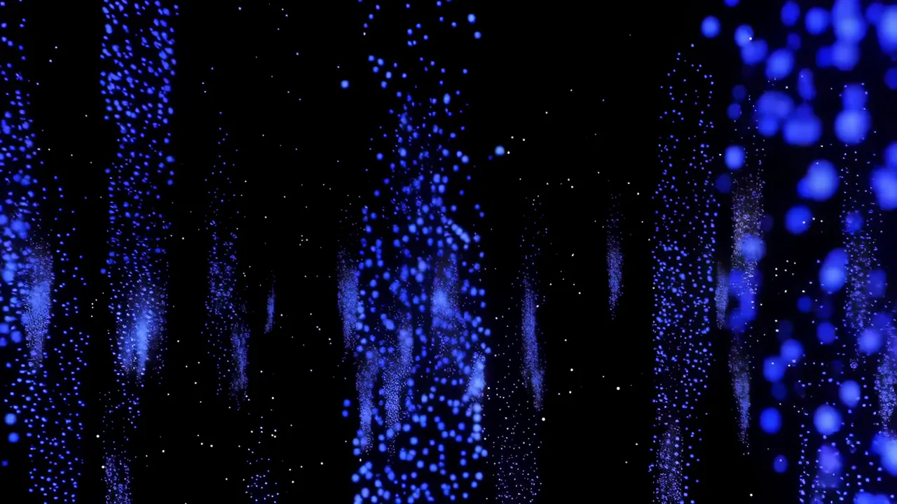Cascading Blue Luminous Particles on Black Background