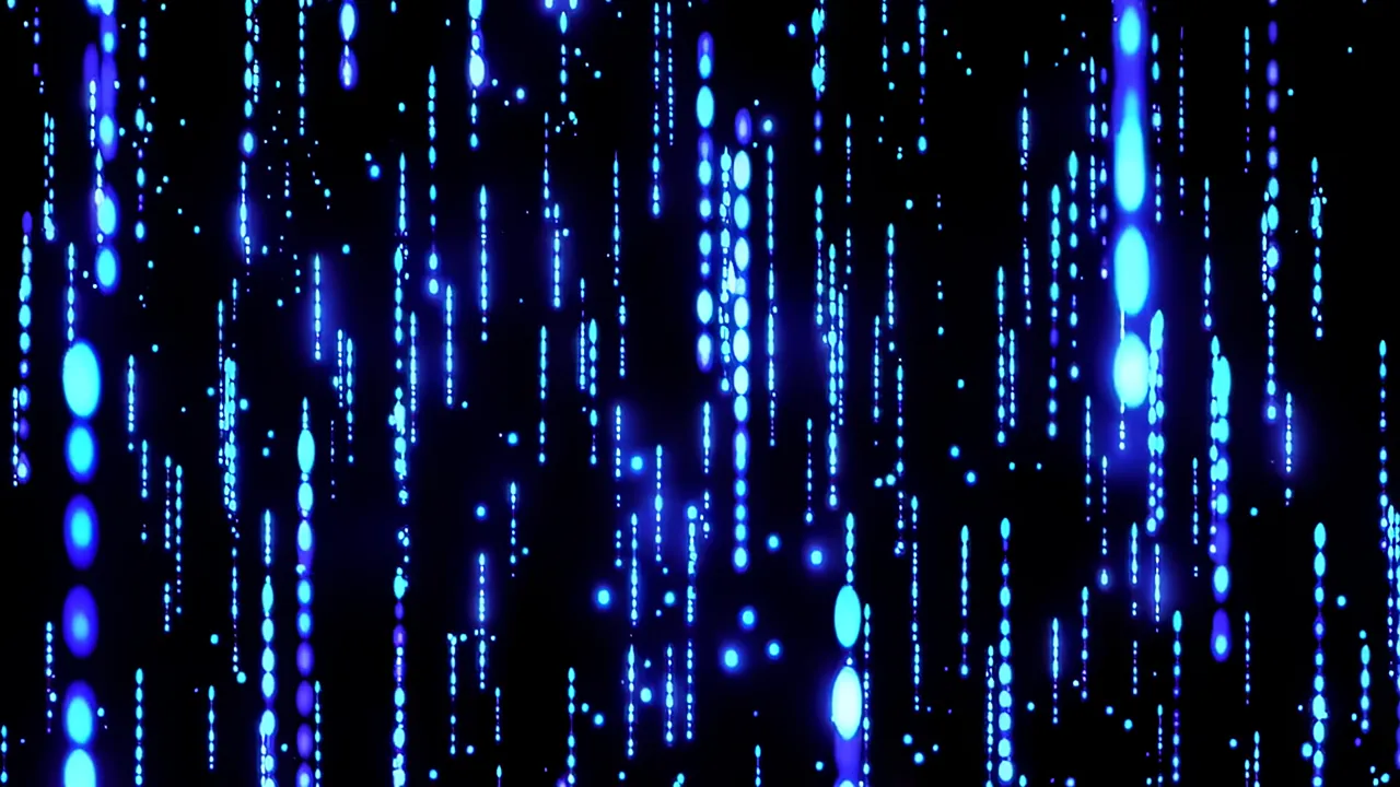Cascading Blue Luminous Particles on Black Background