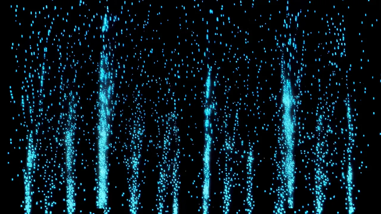 Cascading Blue Luminous Particles on Black Background