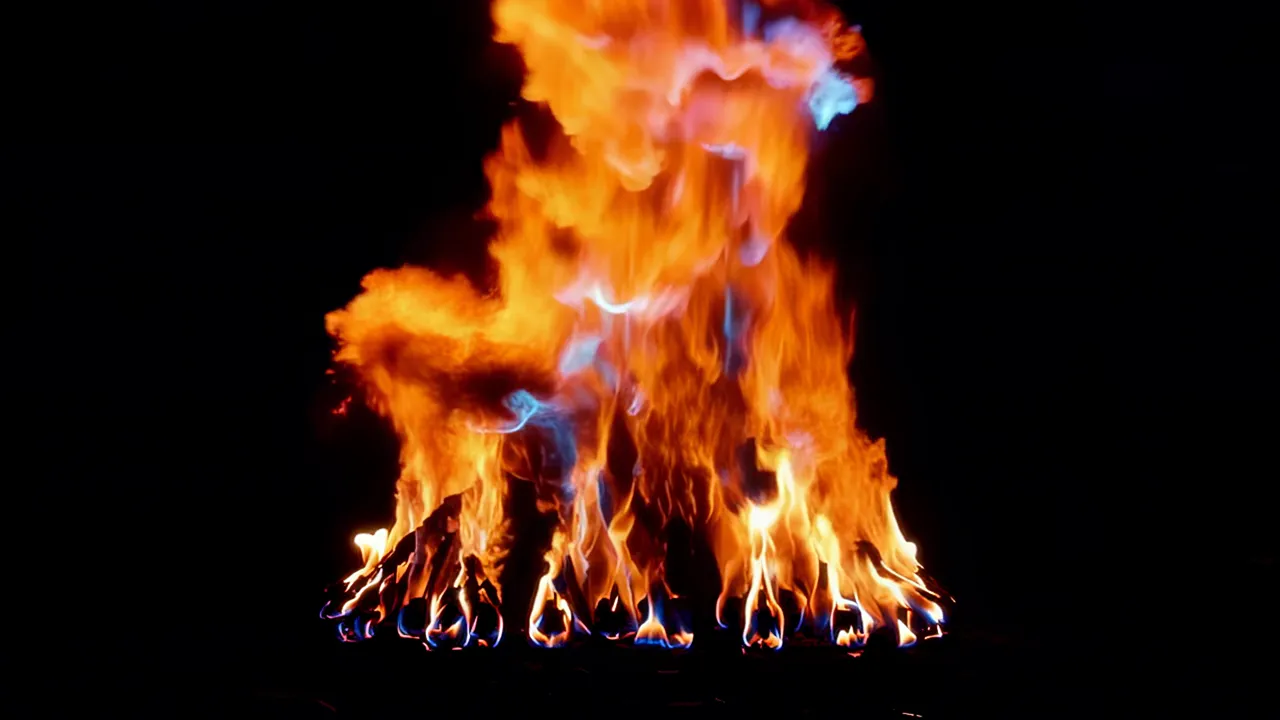Cascading Fire Flowing Downward Against Black Background