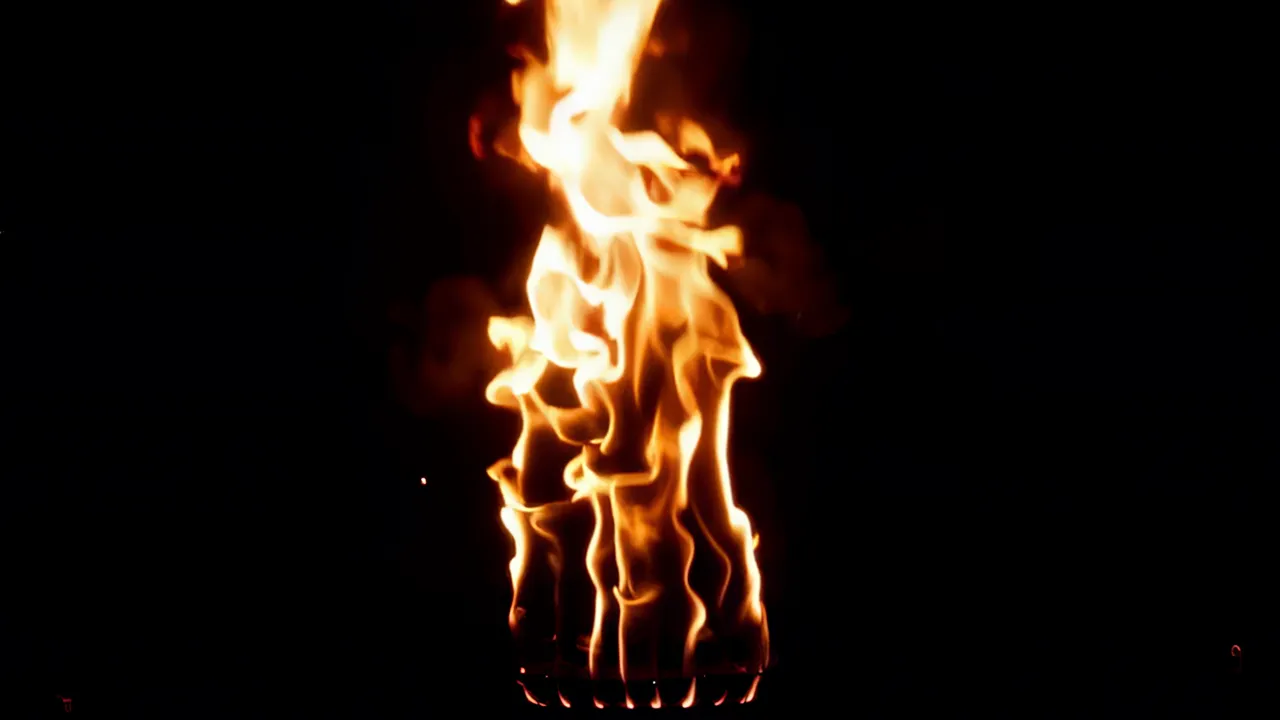 Cascading Flame Curtain Flowing Downward in Dark Background