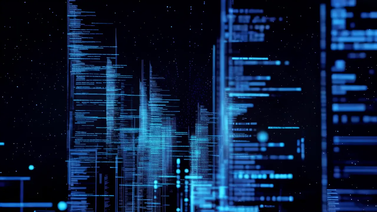 Cascading Streams of Blue Code Flowing Through Darkness