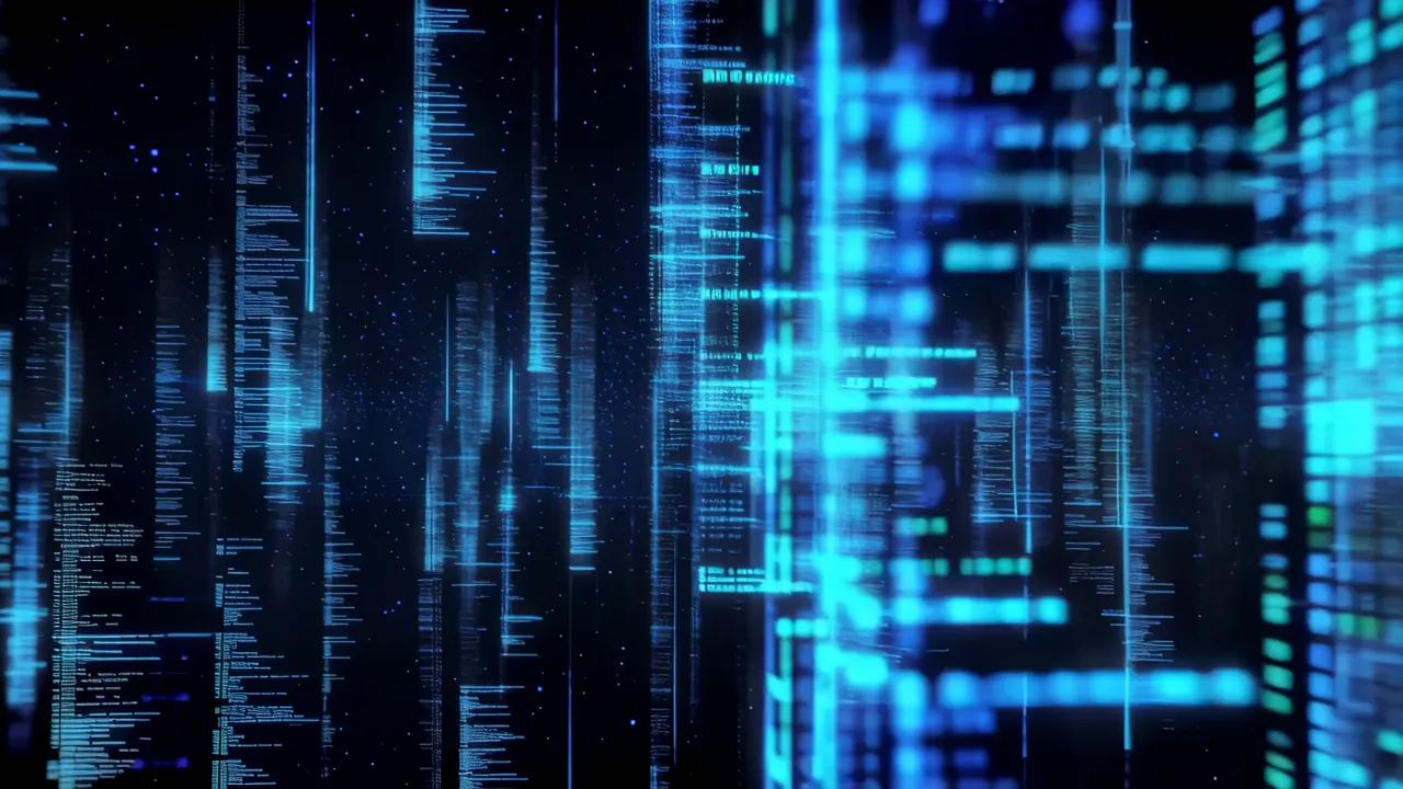 Cascading Streams of Luminous Blue Data in Dark Background